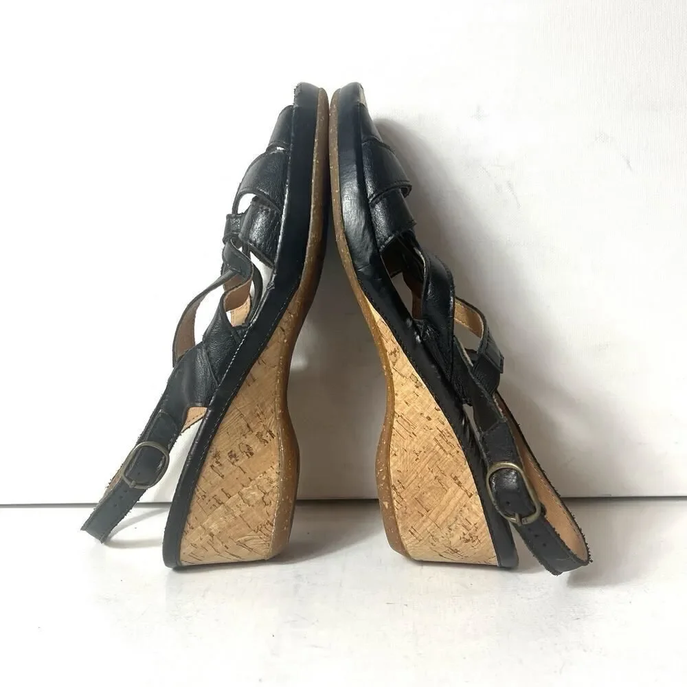 Spring Step Sandals Black Leather Cork Heel Sling Back Women Sz EU 42 US 11.5-12